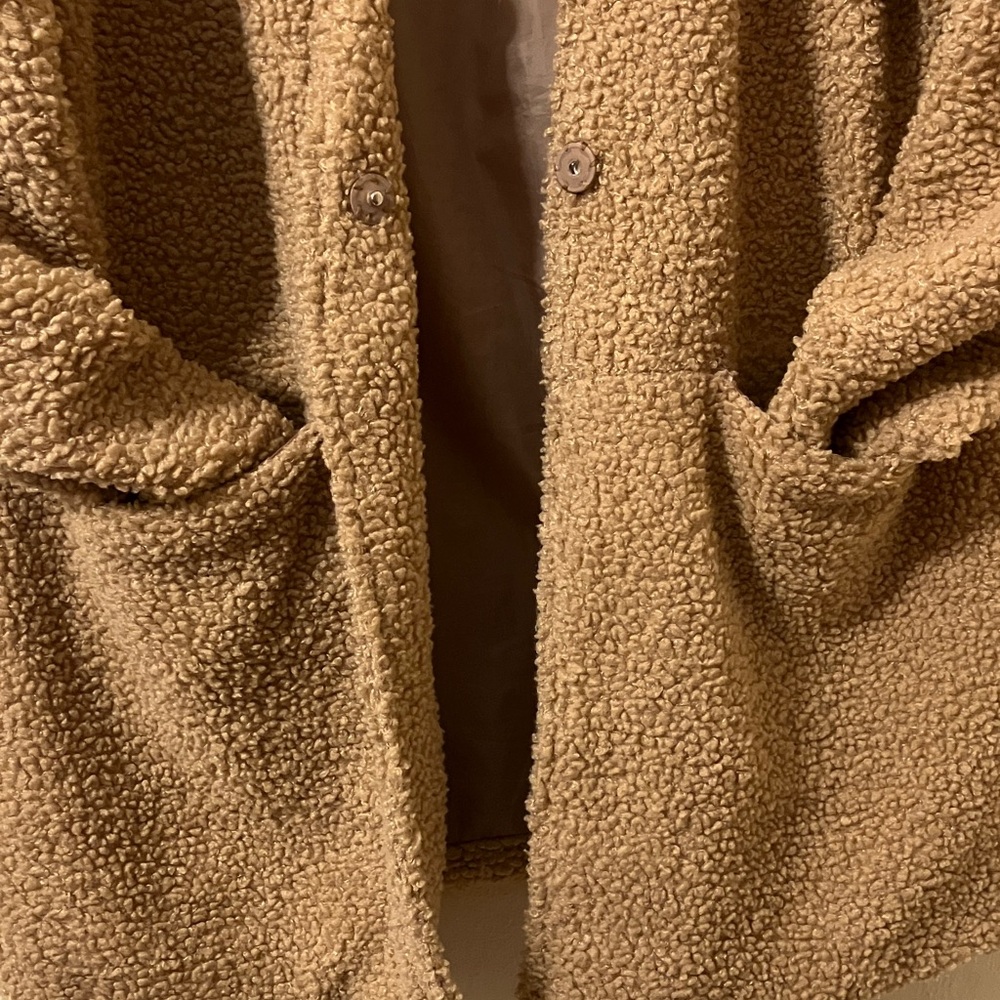 Tan Fuzzy Fleece Sherpa Style Long Jacket or Coat w/ Open Front Cardigan Pockets - Picture 5 of 6